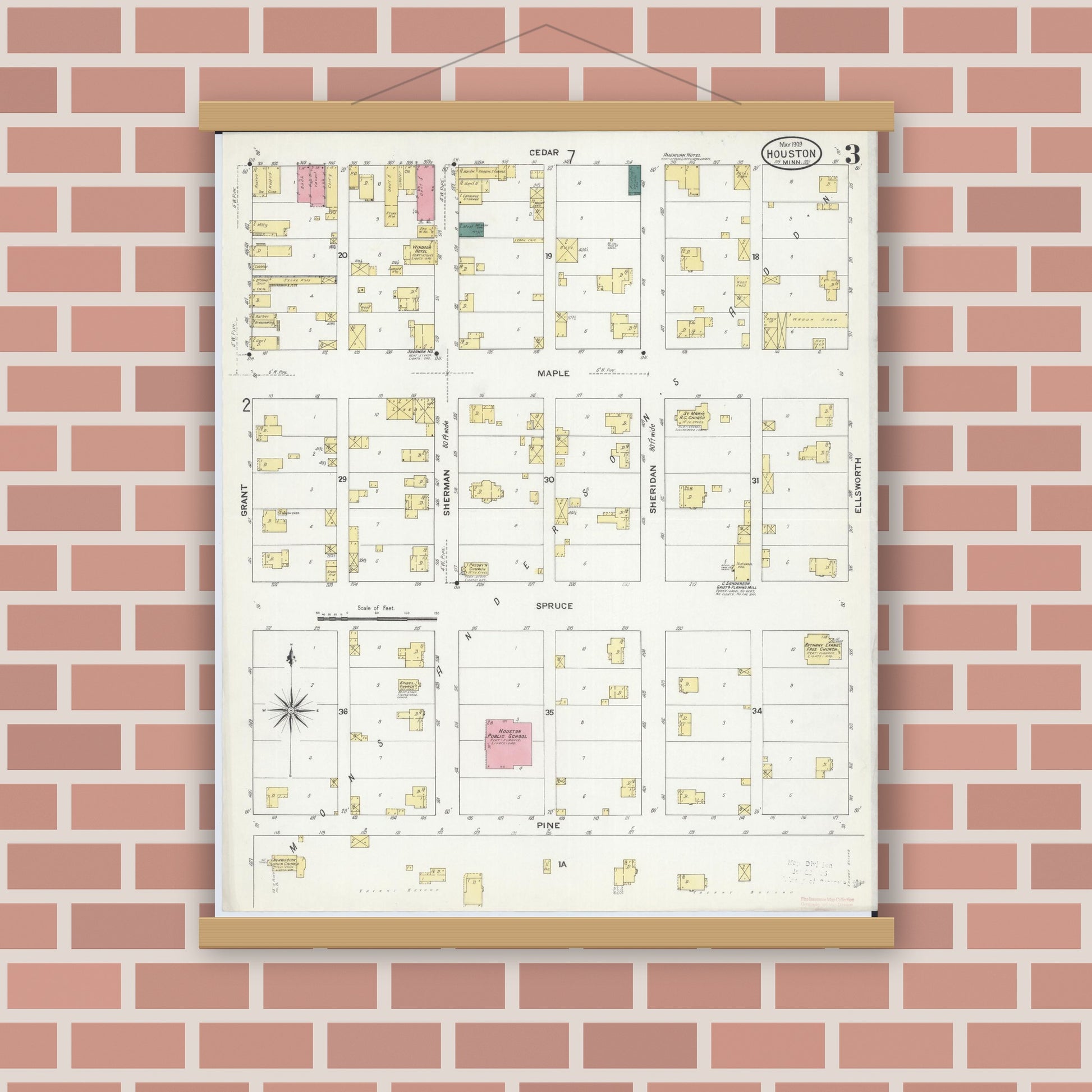 Old map wall art mockup — magnetic wood frame on brick wall — Sanborn Fire Insurance Map from Houston, Houston County, Minnesota (1909), Sheet #0003