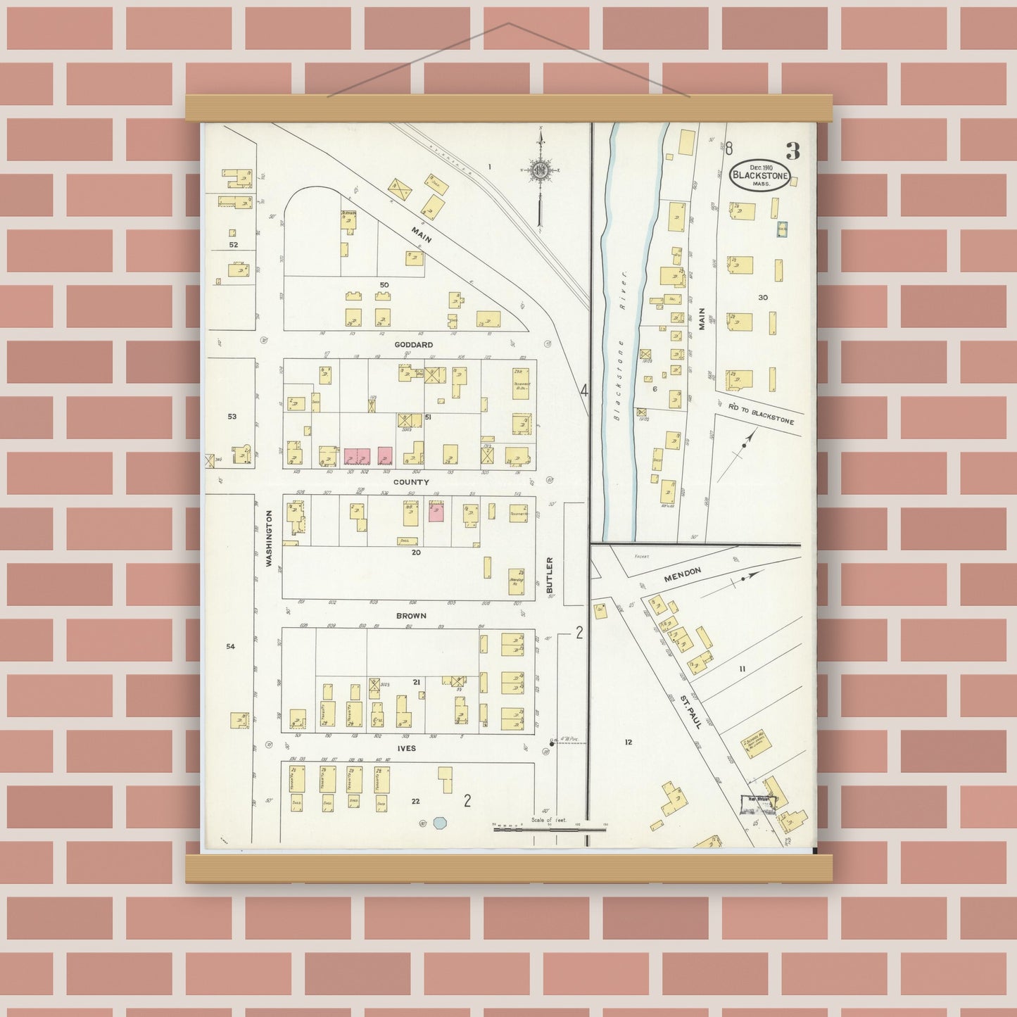 Old map wall art mockup — magnetic wood frame on brick wall — Sanborn Fire Insurance Map from Blackstone, Worcester County, Massachusetts (1910), Sheet #0003