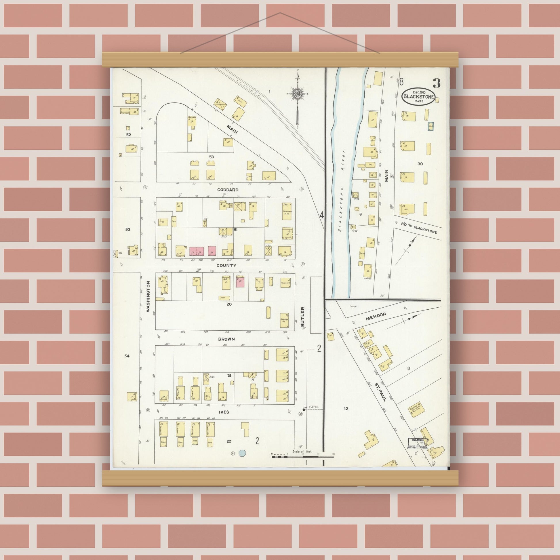 Old map wall art mockup — magnetic wood frame on brick wall — Sanborn Fire Insurance Map from Blackstone, Worcester County, Massachusetts (1910), Sheet #0003