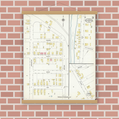 Old map wall art mockup — magnetic wood frame on brick wall — Sanborn Fire Insurance Map from Blackstone, Worcester County, Massachusetts (1910), Sheet #0003