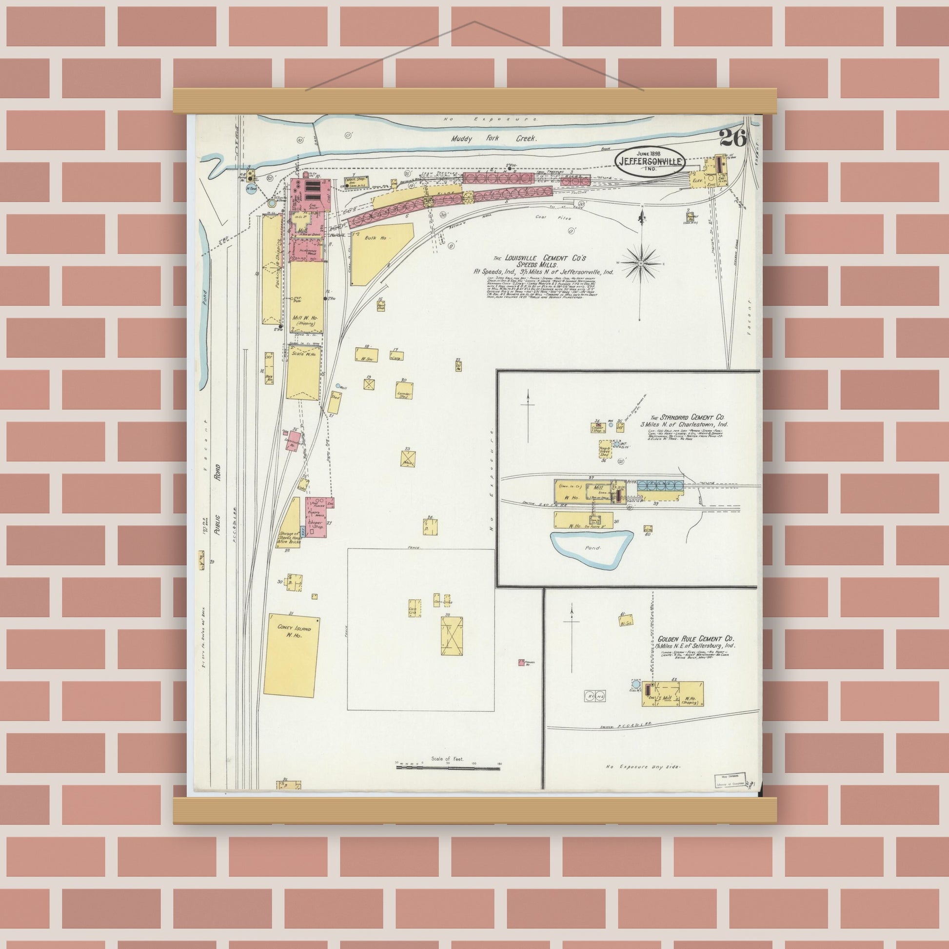 Old map wall art mockup — magnetic wood frame on brick wall — Sanborn Fire Insurance Map from Jeffersonville, Clark County, Indiana (1898), Sheet #0026