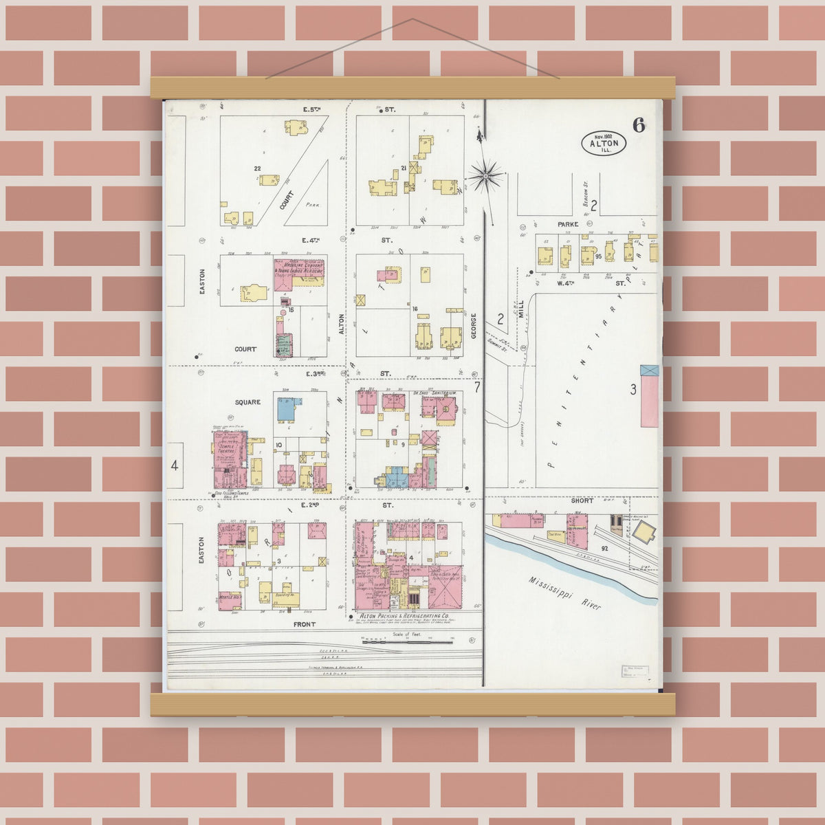 Old map wall art mockup — magnetic wood frame on brick wall — Sanborn Fire Insurance Map from Alton, Madison County, Illinois (1902), Sheet #0006