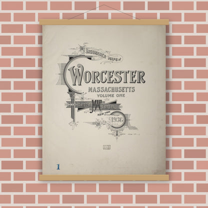 Old map wall art mockup — magnetic wood frame on brick wall — Sanborn Fire Insurance Map from Worcester, Worcester County, Massachusetts (1936), Sheet #0001