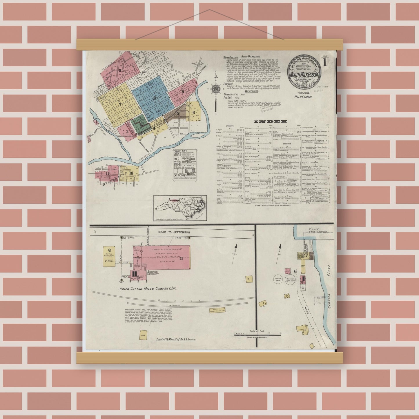 Old map wall art mockup — magnetic wood frame on brick wall — Sanborn Fire Insurance Map from North Wilkesboro, Wilkes County, North Carolina (1920), Sheet #0001