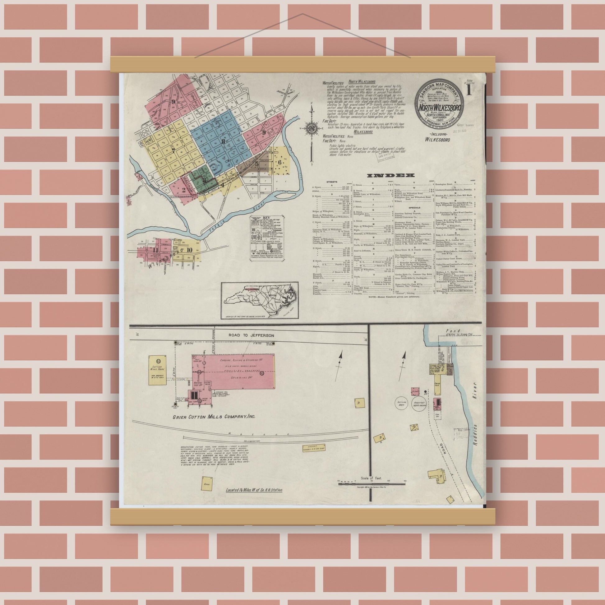 Old map wall art mockup — magnetic wood frame on brick wall — Sanborn Fire Insurance Map from North Wilkesboro, Wilkes County, North Carolina (1920), Sheet #0001
