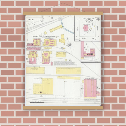 Old map wall art mockup — magnetic wood frame on brick wall — Sanborn Fire Insurance Map from Alton, Madison County, Illinois (1902), Sheet #0014