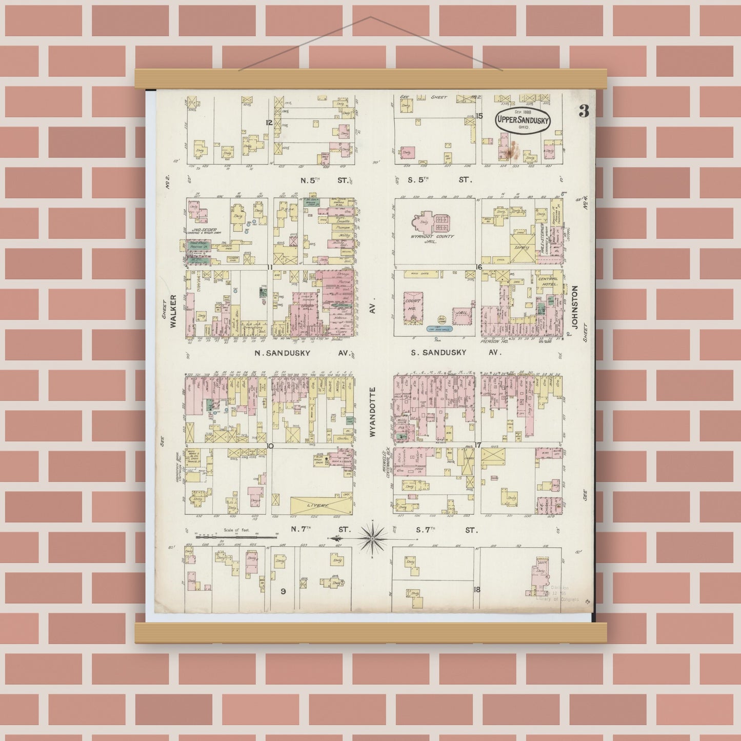 Old map wall art mockup — magnetic wood frame on brick wall — Sanborn Fire Insurance Map from Upper Sandusky, Wyandot County, Ohio (1888), Sheet #0003