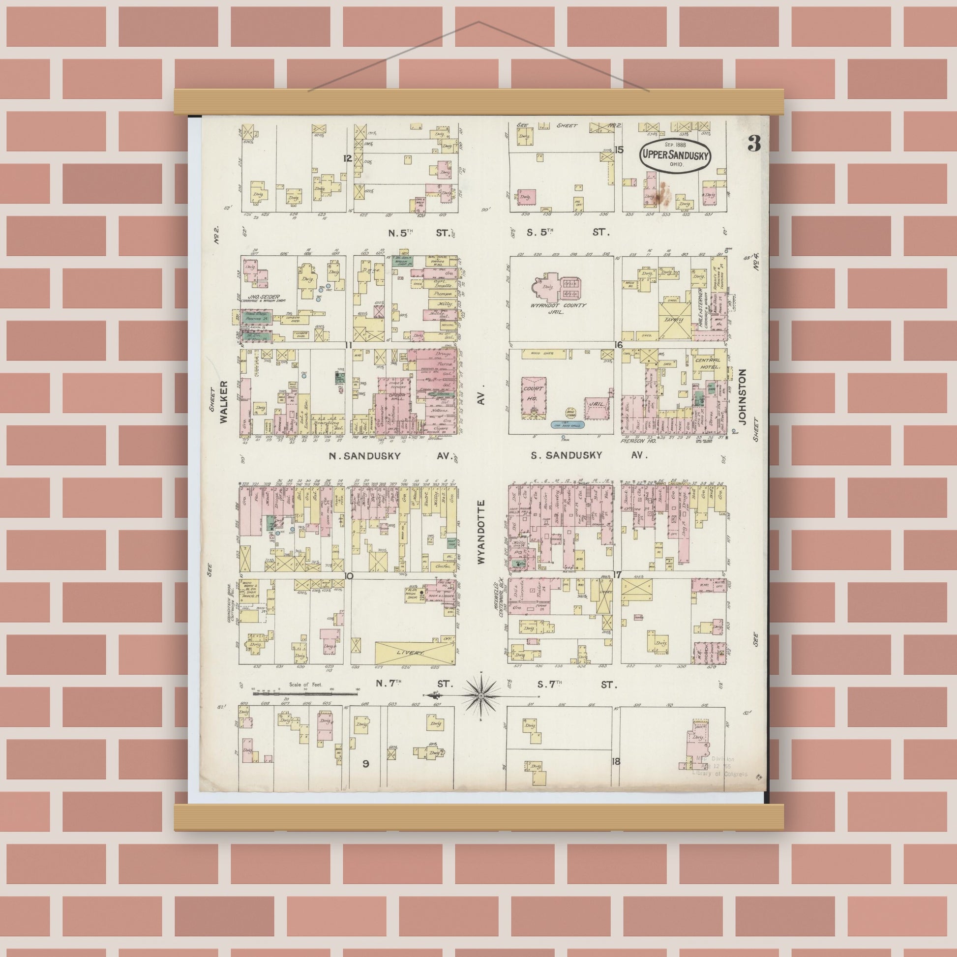Old map wall art mockup — magnetic wood frame on brick wall — Sanborn Fire Insurance Map from Upper Sandusky, Wyandot County, Ohio (1888), Sheet #0003