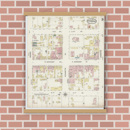 Old map wall art mockup — magnetic wood frame on brick wall — Sanborn Fire Insurance Map from Upper Sandusky, Wyandot County, Ohio (1888), Sheet #0003