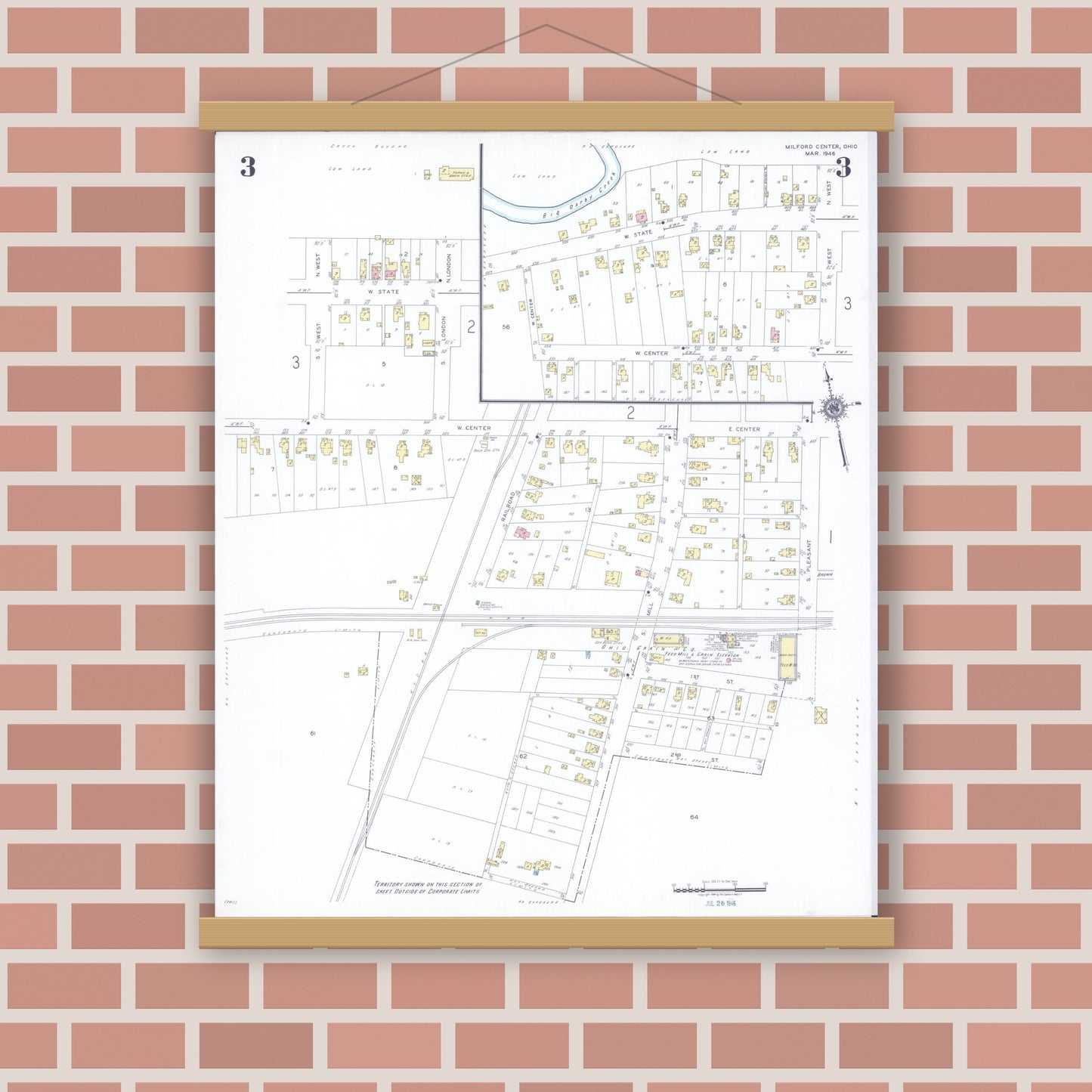 Old map wall art mockup — magnetic wood frame on brick wall — Sanborn Fire Insurance Map from Milford Center, Union County, Ohio (1946), Sheet #0003