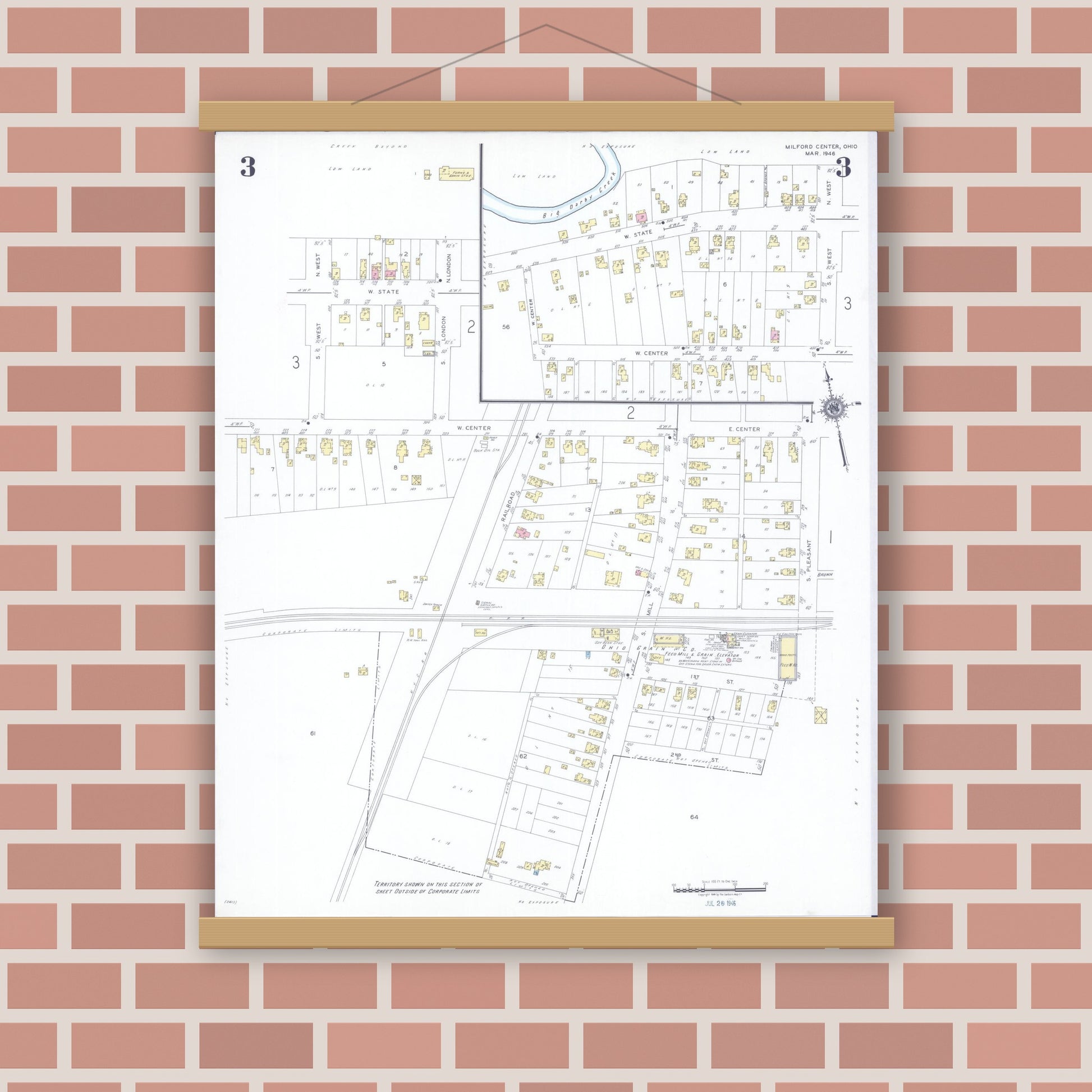 Old map wall art mockup — magnetic wood frame on brick wall — Sanborn Fire Insurance Map from Milford Center, Union County, Ohio (1946), Sheet #0003