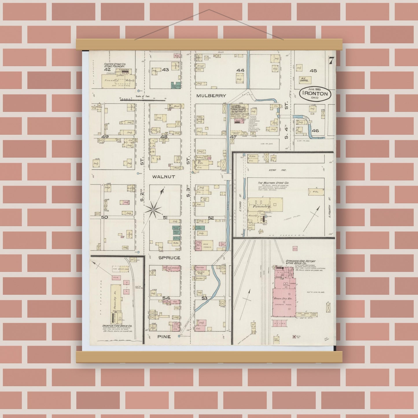 Old map wall art mockup — magnetic wood frame on brick wall — Sanborn Fire Insurance Map from Ironton, Lawrence County, Ohio (1885), Sheet #0007