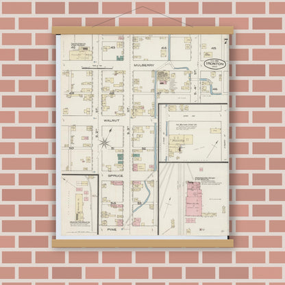 Old map wall art mockup — magnetic wood frame on brick wall — Sanborn Fire Insurance Map from Ironton, Lawrence County, Ohio (1885), Sheet #0007