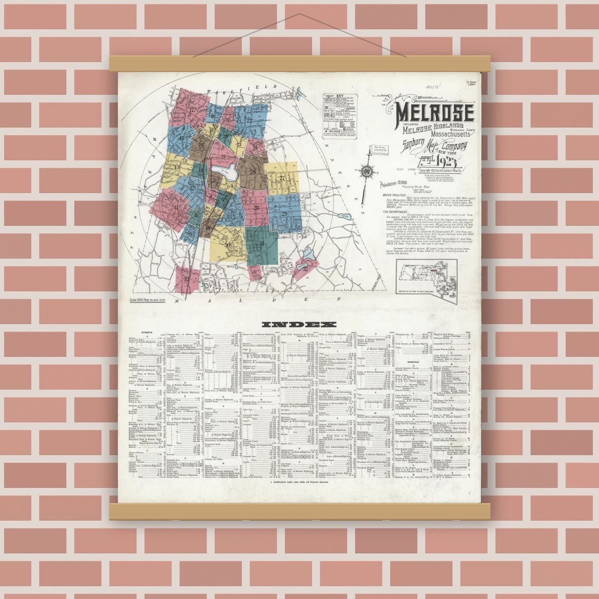 Old map wall art mockup — magnetic wood frame on brick wall — Sanborn Fire Insurance Map from Melrose, Middlesex County, Massachusetts (1923), Sheet #0001