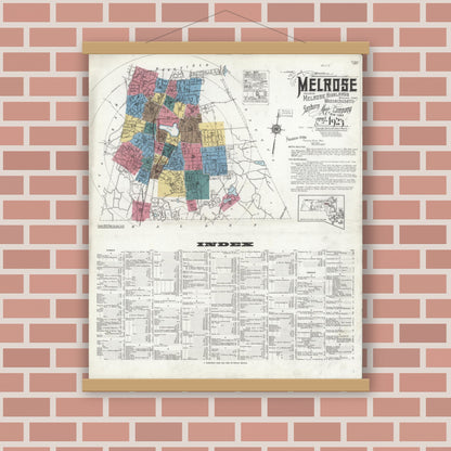 Old map wall art mockup — magnetic wood frame on brick wall — Sanborn Fire Insurance Map from Melrose, Middlesex County, Massachusetts (1923), Sheet #0001