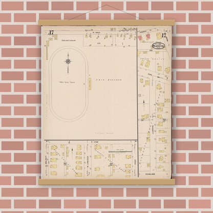 Old map wall art mockup — magnetic wood frame on brick wall — Sanborn Fire Insurance Map from Wilmington, Clinton County, Ohio (1922), Sheet #0017