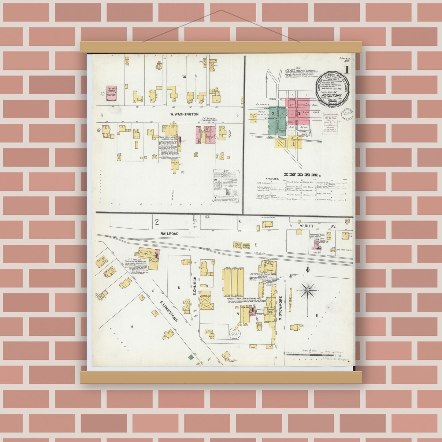 Old map wall art mockup — magnetic wood frame on brick wall — Sanborn Fire Insurance Map from Jamestown, Greene County, Ohio (1899) - Complete Map Set