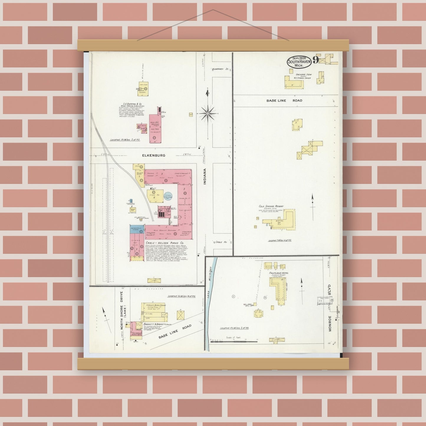 Old map wall art mockup — magnetic wood frame on brick wall — Sanborn Fire Insurance Map from South Haven, Van Buren County, Michigan (1908), Sheet #0009