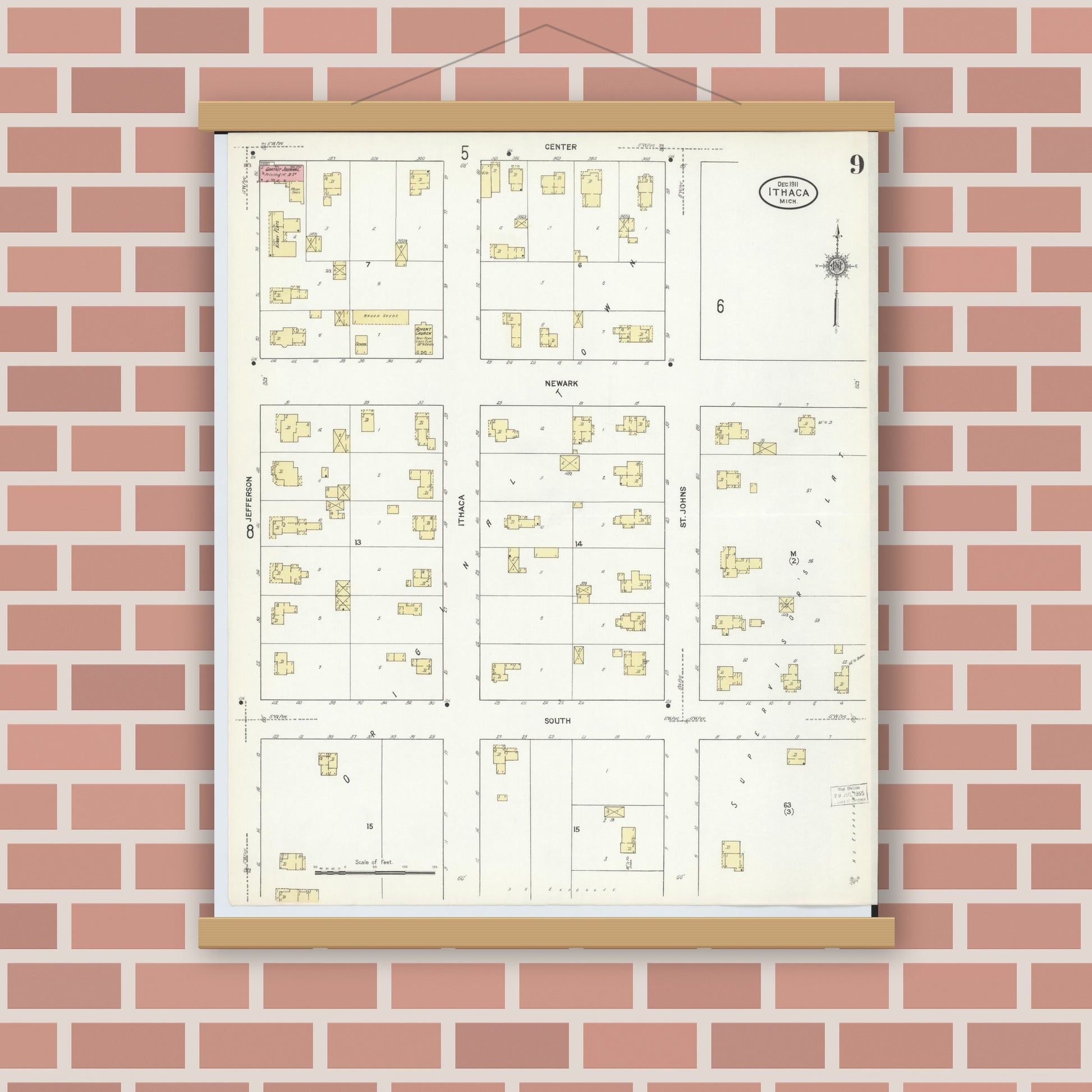 Old map wall art mockup — magnetic wood frame on brick wall — Sanborn Fire Insurance Map from Ithaca, Gratiot County, Michigan (1911), Sheet #0009
