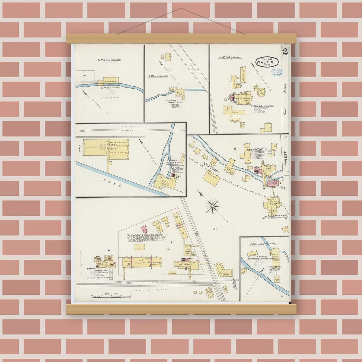 Old map wall art mockup — magnetic wood frame on brick wall — Sanborn Fire Insurance Map from Walpole, Norfolk County, Massachusetts (1894), Sheet #0002
