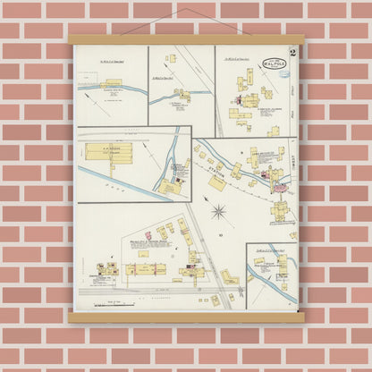 Old map wall art mockup — magnetic wood frame on brick wall — Sanborn Fire Insurance Map from Walpole, Norfolk County, Massachusetts (1894), Sheet #0002