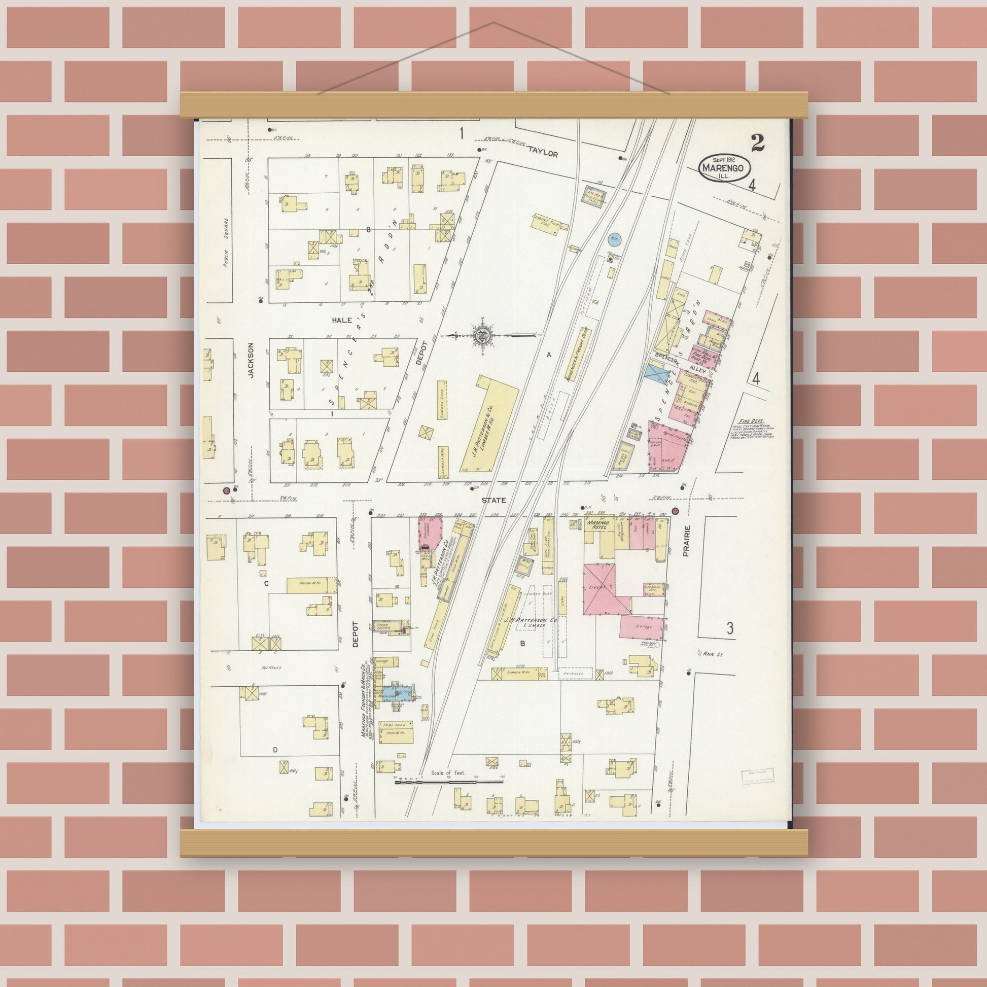 Old map wall art mockup — magnetic wood frame on brick wall — Sanborn Fire Insurance Map from Marengo, McHenry County, Illinois (1912), Sheet #0002
