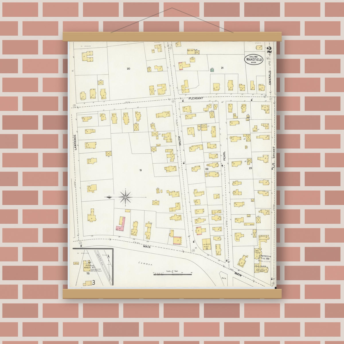Old map wall art mockup — magnetic wood frame on brick wall — Sanborn Fire Insurance Map from Wakefield, Middlesex County, Massachusetts (1903), Sheet #0002