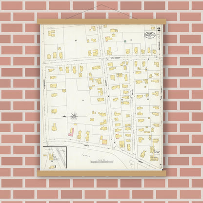Old map wall art mockup — magnetic wood frame on brick wall — Sanborn Fire Insurance Map from Wakefield, Middlesex County, Massachusetts (1903), Sheet #0002