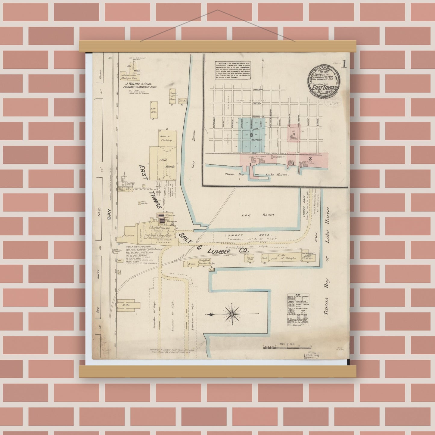 Old map wall art mockup — magnetic wood frame on brick wall — Sanborn Fire Insurance Map from East Tawas, Iosco County, Michigan (1884), Sheet #0001