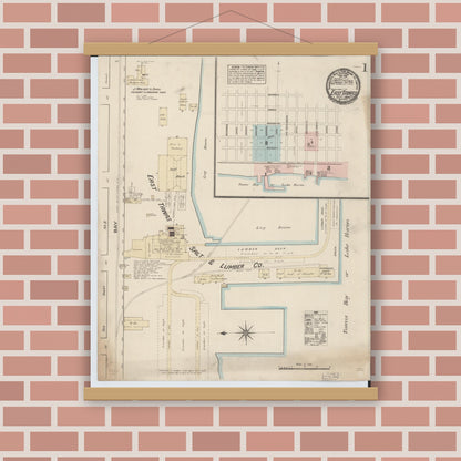 Old map wall art mockup — magnetic wood frame on brick wall — Sanborn Fire Insurance Map from East Tawas, Iosco County, Michigan (1884), Sheet #0001