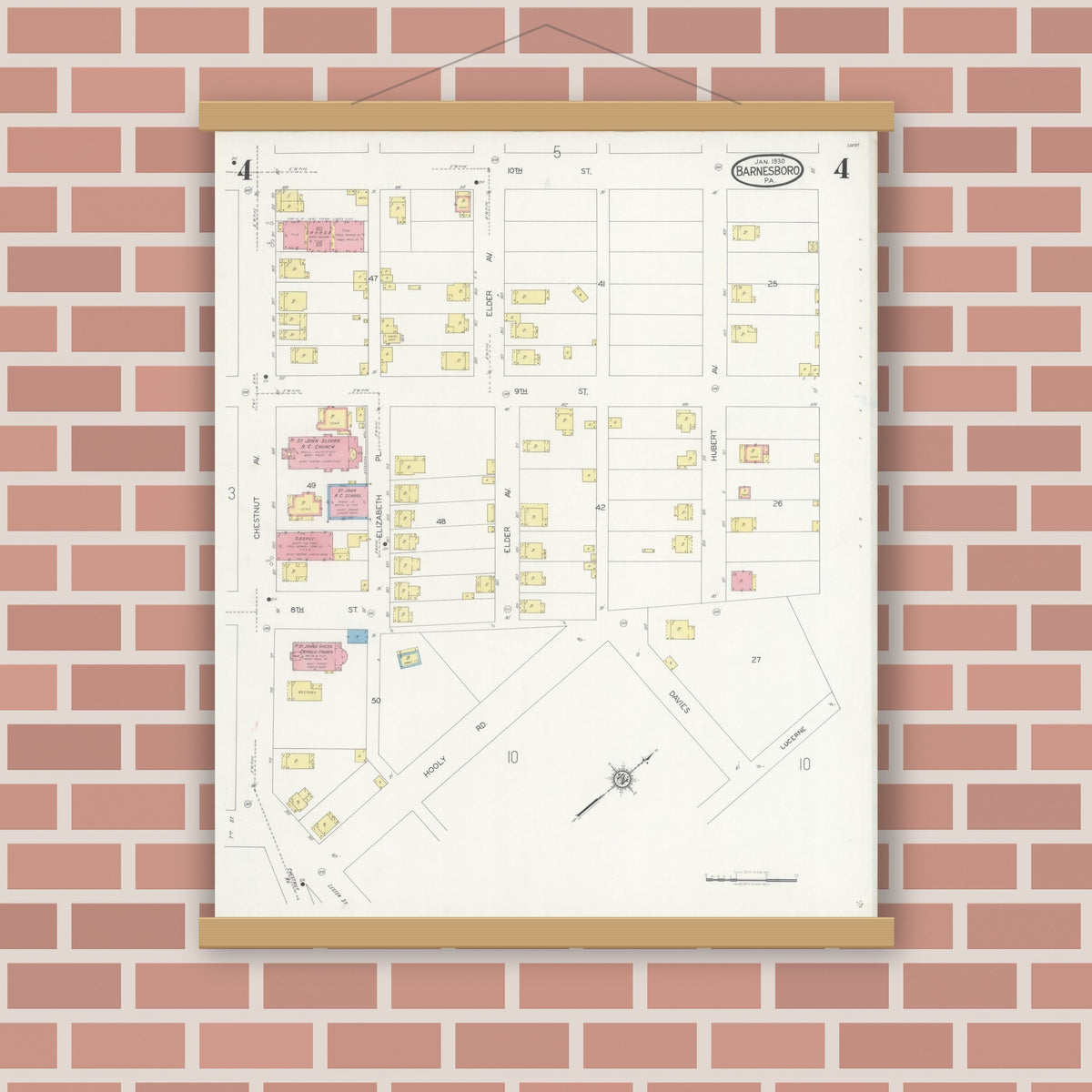 Old map wall art mockup — magnetic wood frame on brick wall — Sanborn Fire Insurance Map from Barnesboro, Cambria County, Pennsylvania (1930), Sheet #0004
