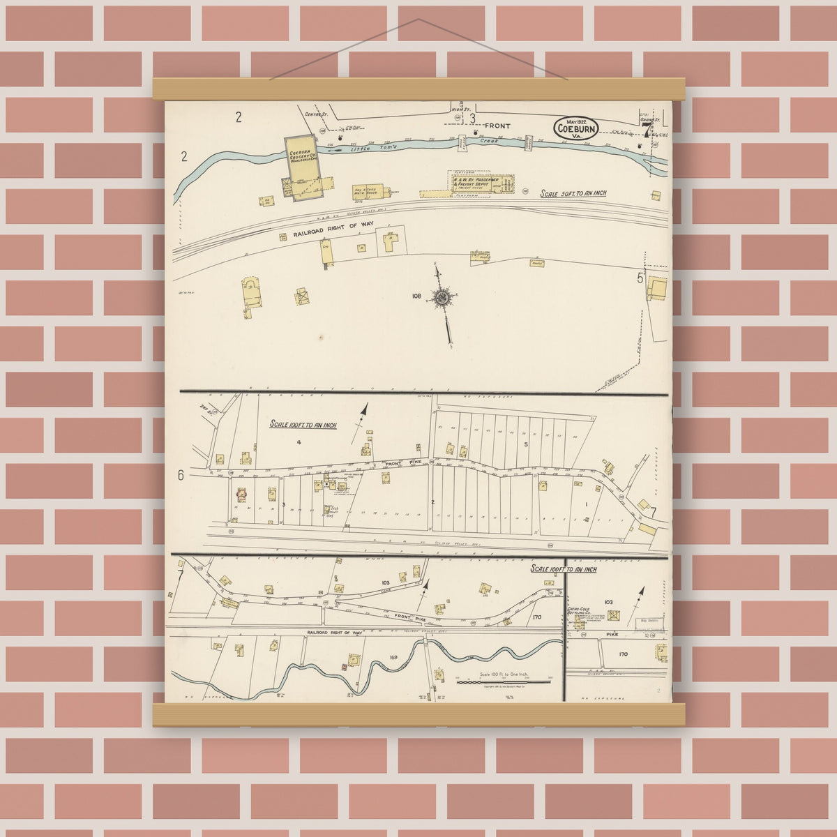 Old map wall art mockup — magnetic wood frame on brick wall — Sanborn Fire Insurance Map from Coeburn, Wise County, Virginia (1922), Sheet #0007