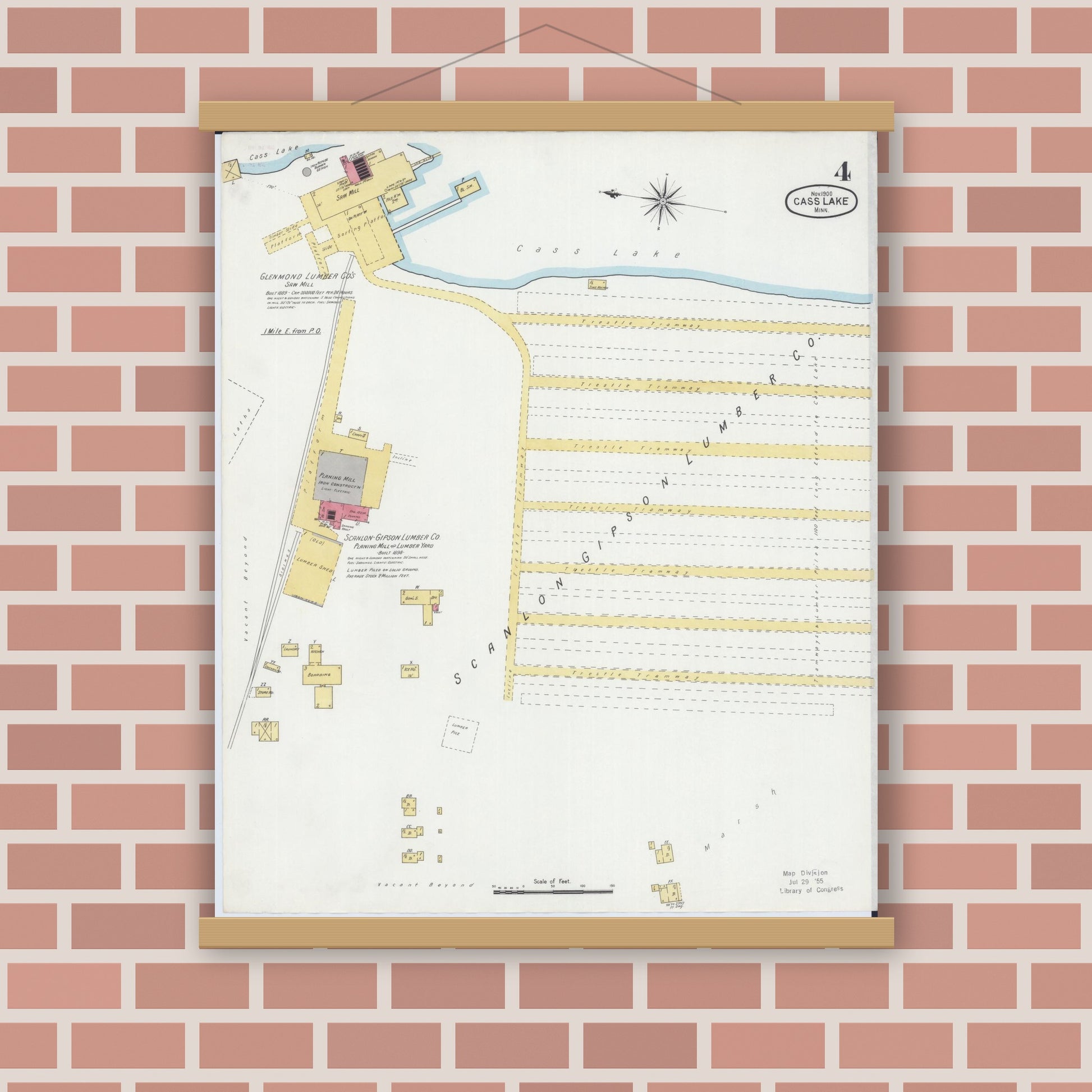 Old map wall art mockup — magnetic wood frame on brick wall — Sanborn Fire Insurance Map from Cass Lake, Cass County, Minnesota (1900), Sheet #0004