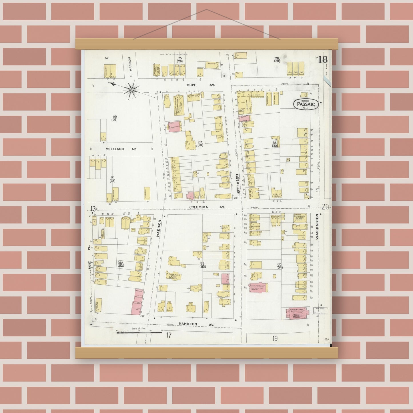 Old map wall art mockup — magnetic wood frame on brick wall — Sanborn Fire Insurance Map from Passaic, Passaic County, New Jersey (1903), Sheet #0018