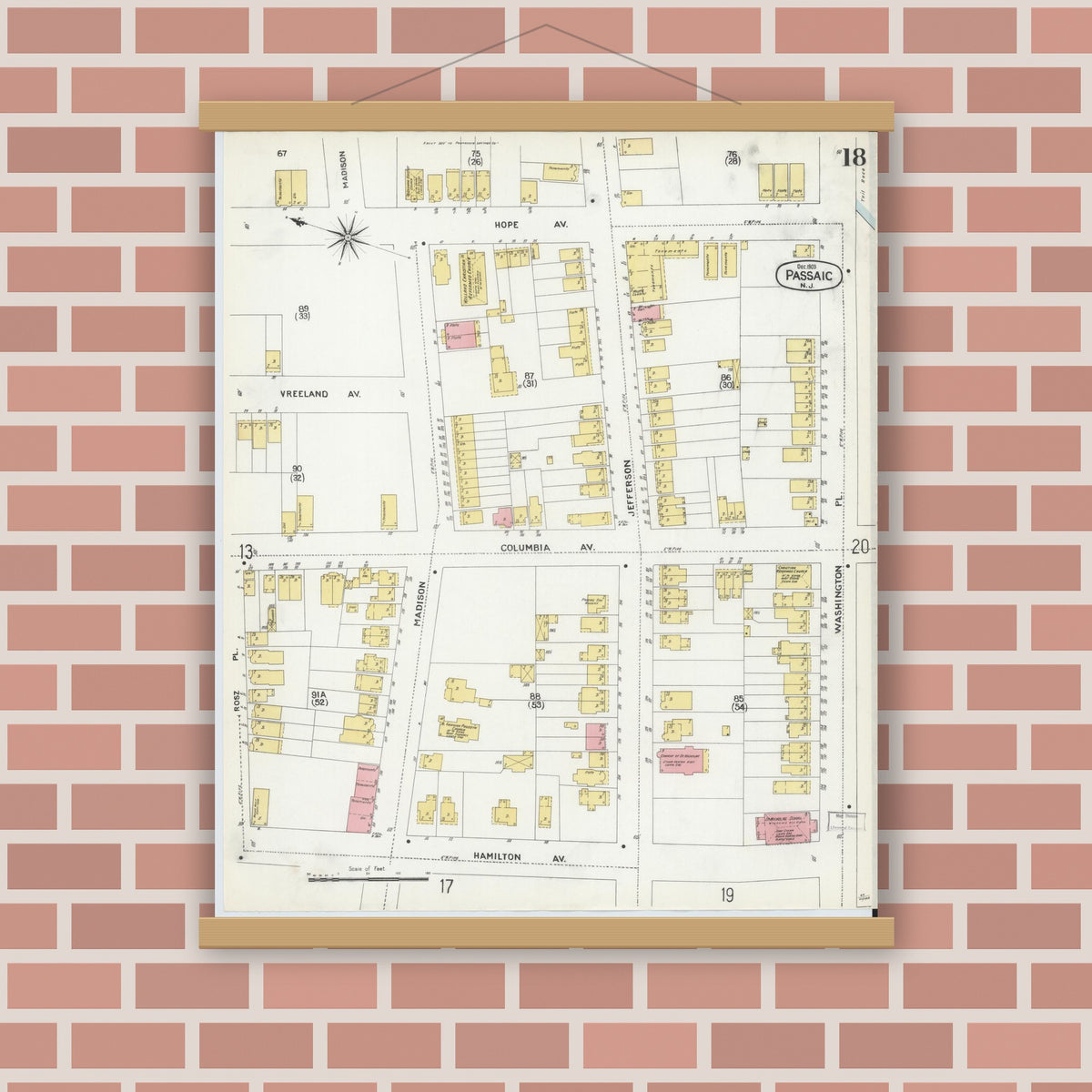 Old map wall art mockup — magnetic wood frame on brick wall — Sanborn Fire Insurance Map from Passaic, Passaic County, New Jersey (1903), Sheet #0018