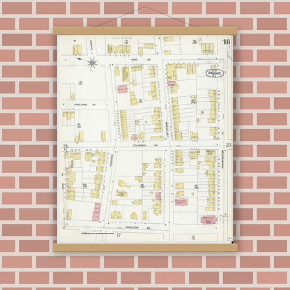 Old map wall art mockup — magnetic wood frame on brick wall — Sanborn Fire Insurance Map from Passaic, Passaic County, New Jersey (1903), Sheet #0018