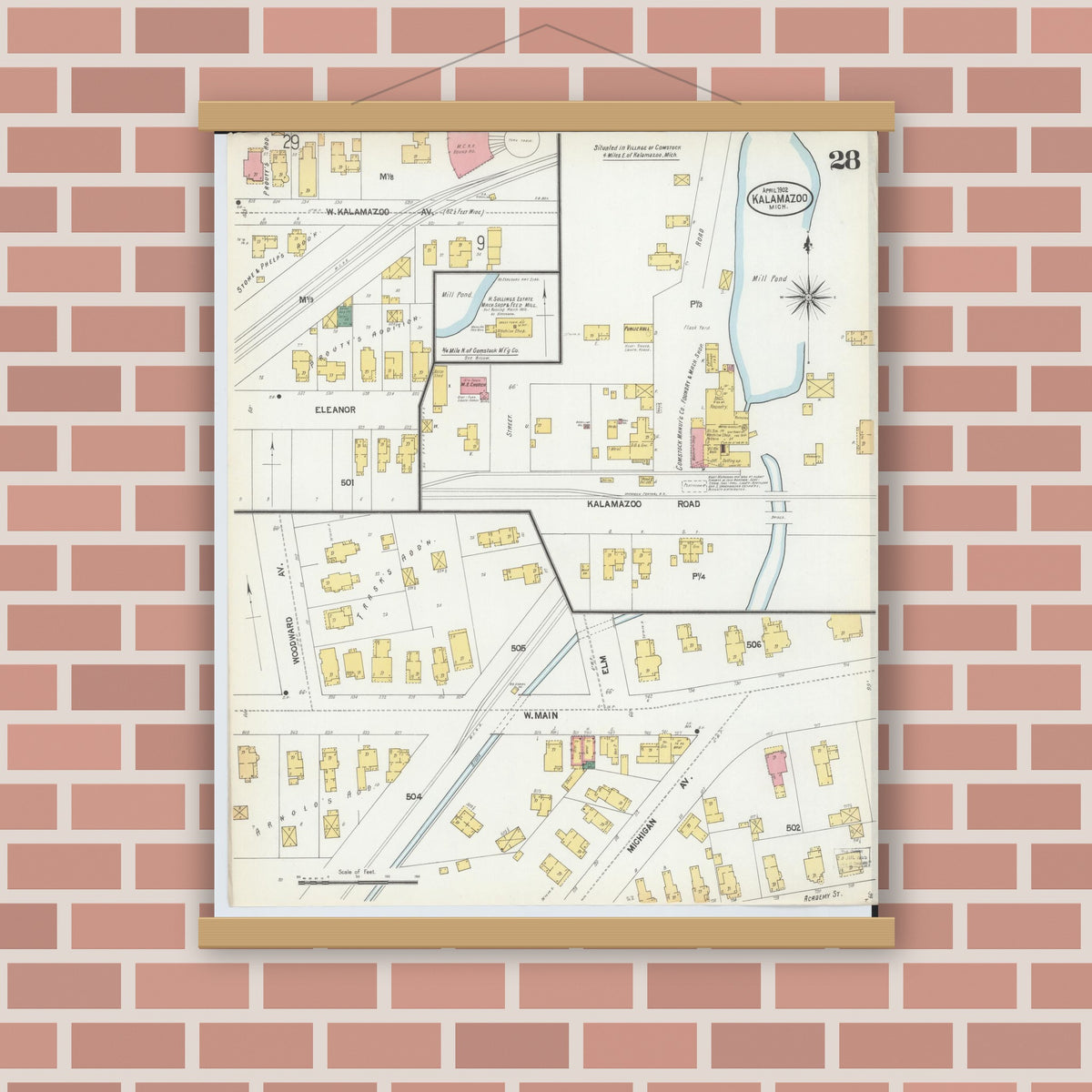 Old map wall art mockup — magnetic wood frame on brick wall — Sanborn Fire Insurance Map from Kalamazoo, Kalamazoo County, Michigan (1902), Sheet #0028