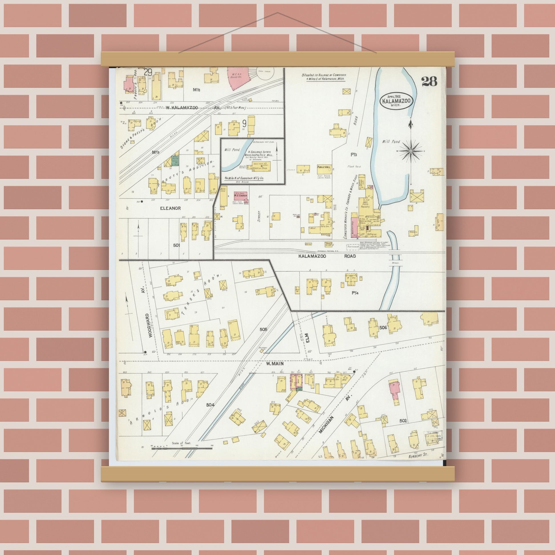 Old map wall art mockup — magnetic wood frame on brick wall — Sanborn Fire Insurance Map from Kalamazoo, Kalamazoo County, Michigan (1902), Sheet #0028