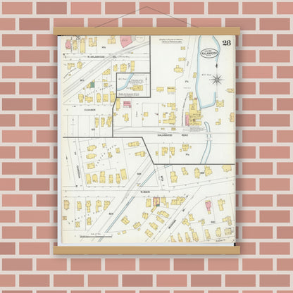 Old map wall art mockup — magnetic wood frame on brick wall — Sanborn Fire Insurance Map from Kalamazoo, Kalamazoo County, Michigan (1902), Sheet #0028