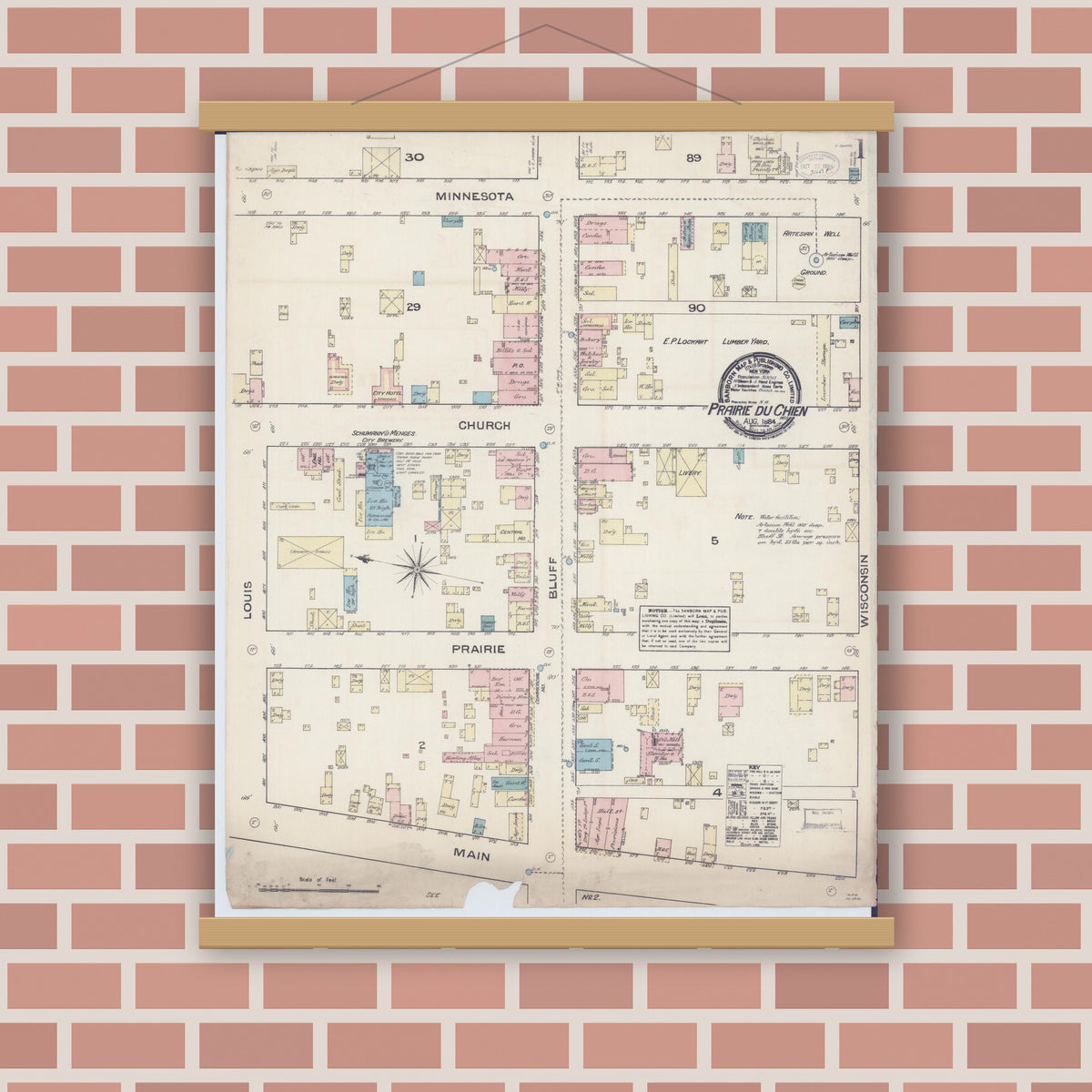 Old map wall art mockup — magnetic wood frame on brick wall — Sanborn Fire Insurance Map from Prairie du Chien, Crawford County, Wisconsin (1884) - Complete Map Set