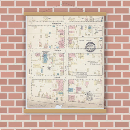 Old map wall art mockup — magnetic wood frame on brick wall — Sanborn Fire Insurance Map from Prairie du Chien, Crawford County, Wisconsin (1884) - Complete Map Set