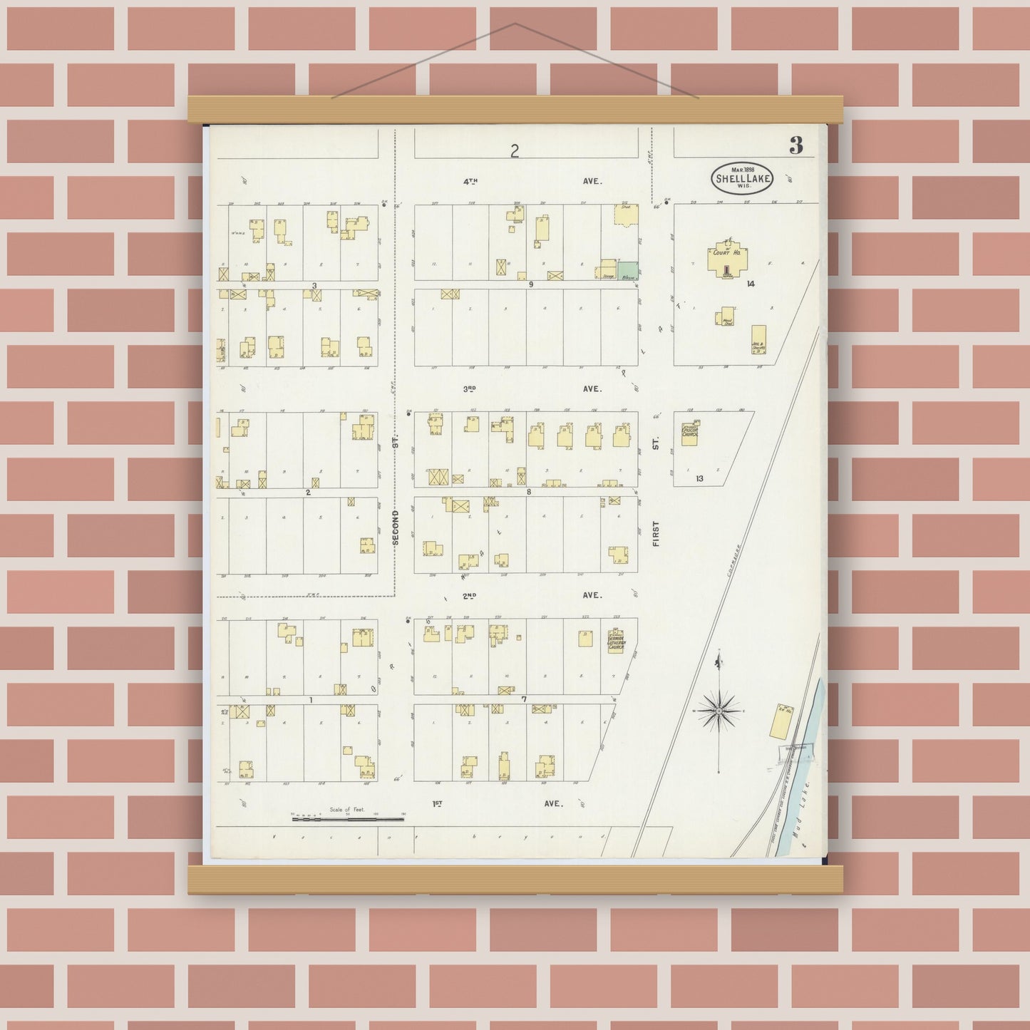 Old map wall art mockup — magnetic wood frame on brick wall — Sanborn Fire Insurance Map from Shell Lake, Washburn County, Wisconsin (1898), Sheet #0003