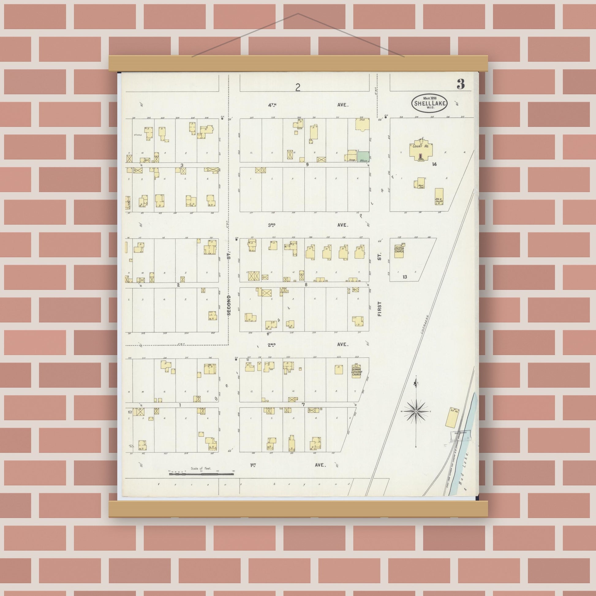 Old map wall art mockup — magnetic wood frame on brick wall — Sanborn Fire Insurance Map from Shell Lake, Washburn County, Wisconsin (1898), Sheet #0003