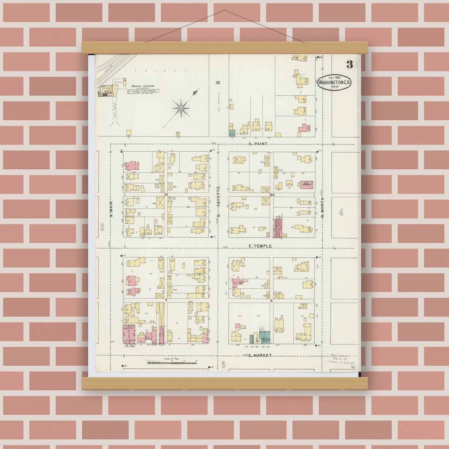 Old map wall art mockup — magnetic wood frame on brick wall — Sanborn Fire Insurance Map from Washington Court House, Fayette County, Ohio (1895), Sheet #0003