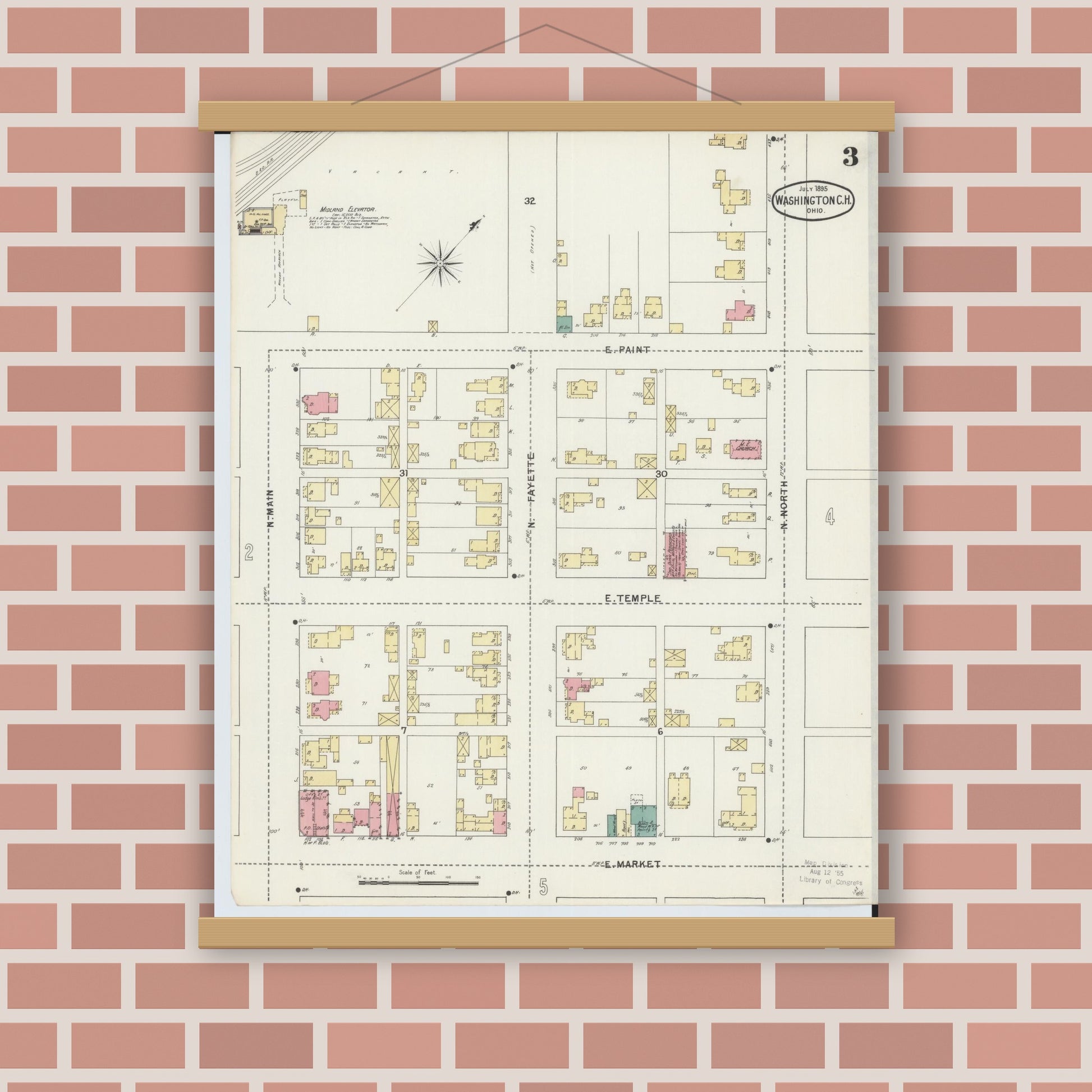 Old map wall art mockup — magnetic wood frame on brick wall — Sanborn Fire Insurance Map from Washington Court House, Fayette County, Ohio (1895), Sheet #0003