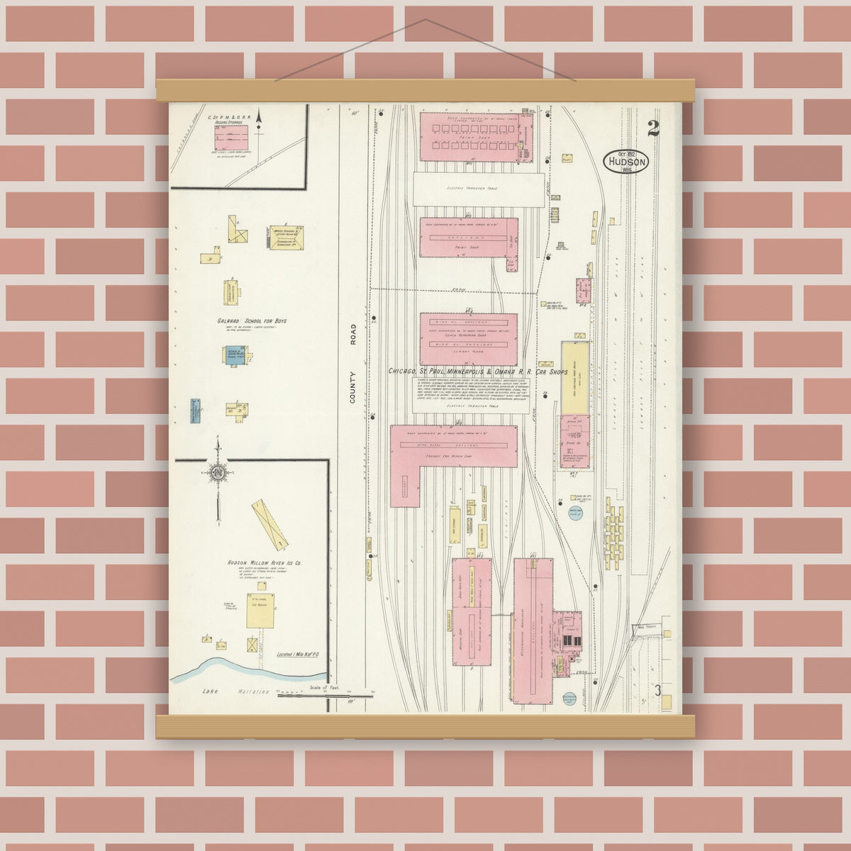 Old map wall art mockup — magnetic wood frame on brick wall — Sanborn Fire Insurance Map from Hudson, St. Croix County, Wisconsin (1912), Sheet #0002