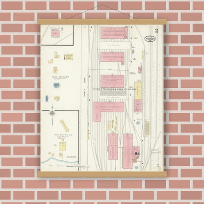 Old map wall art mockup — magnetic wood frame on brick wall — Sanborn Fire Insurance Map from Hudson, St. Croix County, Wisconsin (1912), Sheet #0002