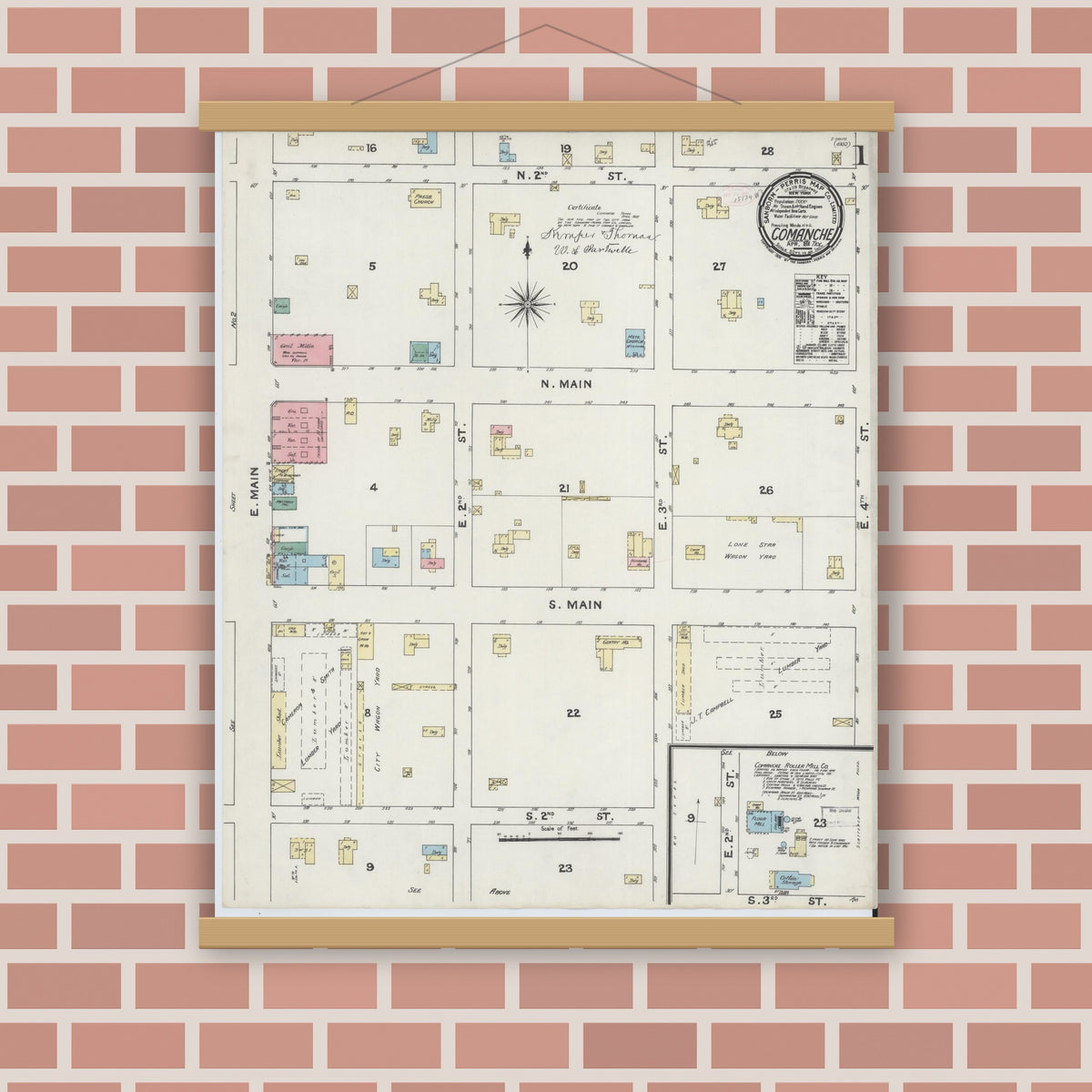 Old map wall art mockup — magnetic wood frame on brick wall — Sanborn Fire Insurance Map from Comanche, Comanche County, Texas (1891), Sheet #0001