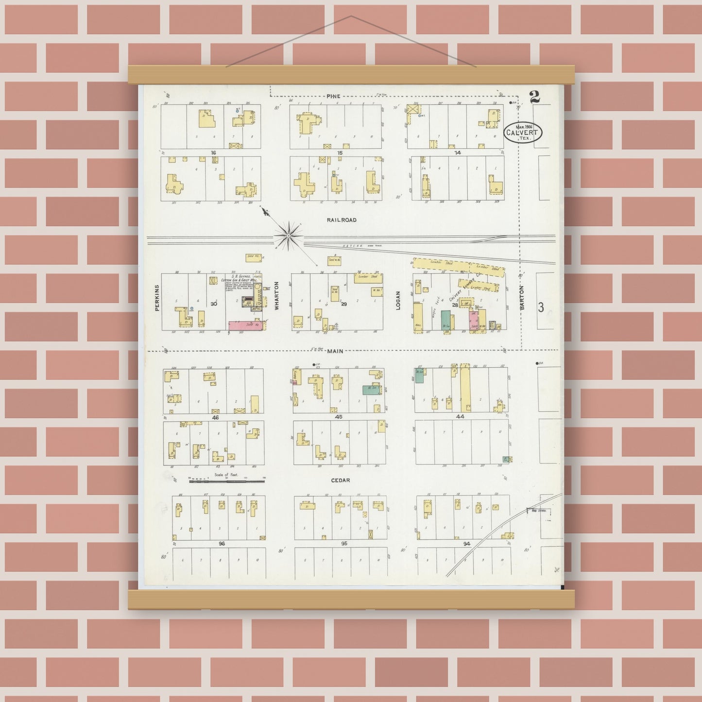 Old map wall art mockup — magnetic wood frame on brick wall — Sanborn Fire Insurance Map from Calvert, Robertson County, Texas (1906), Sheet #0002