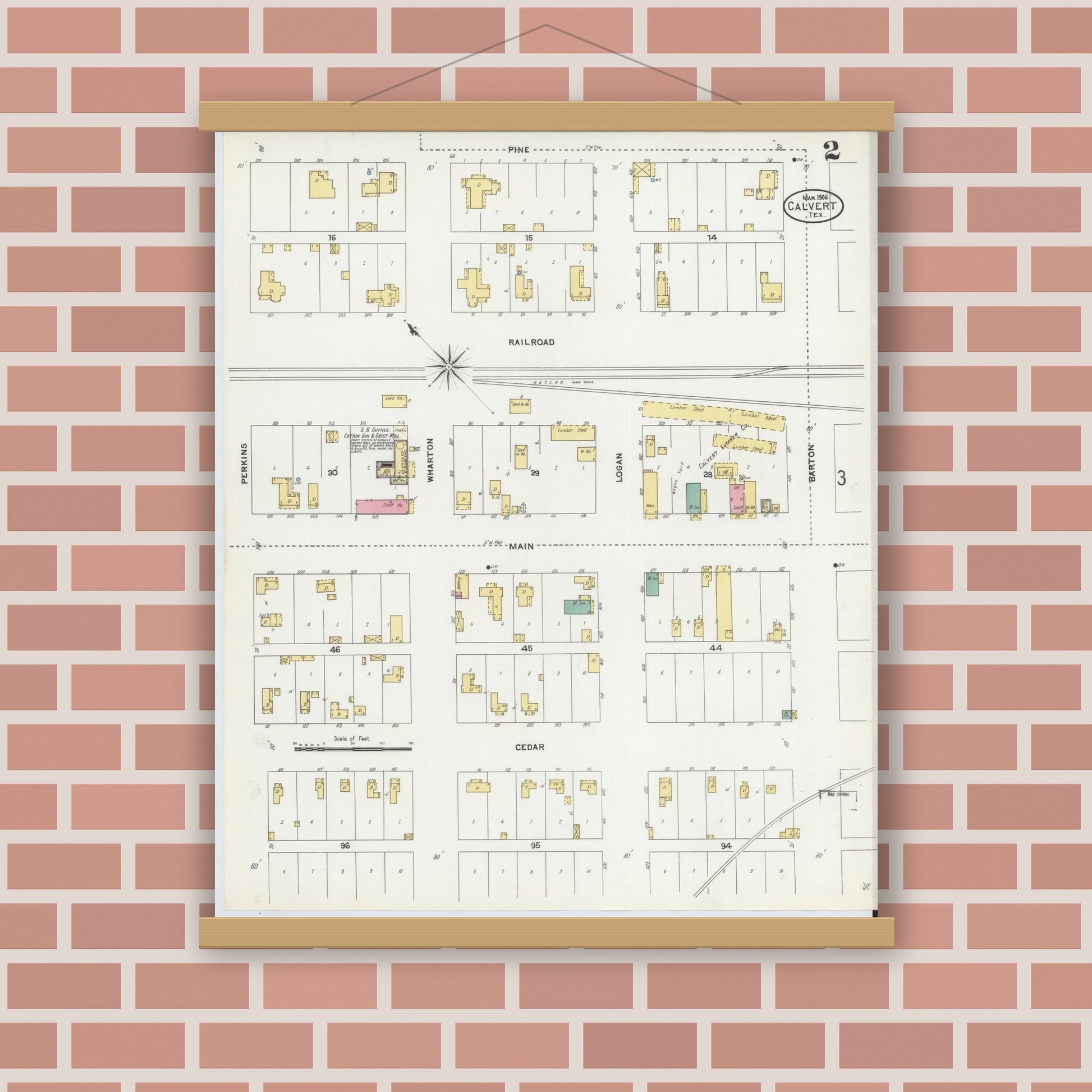 Old map wall art mockup — magnetic wood frame on brick wall — Sanborn Fire Insurance Map from Calvert, Robertson County, Texas (1906), Sheet #0002